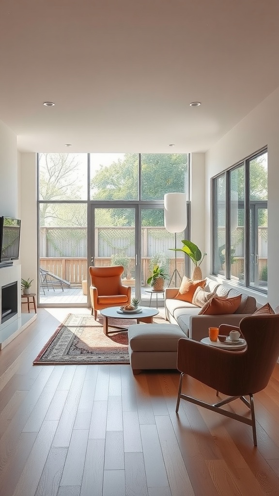 A bright living room connected to an outdoor space, featuring large windows and warm furniture.