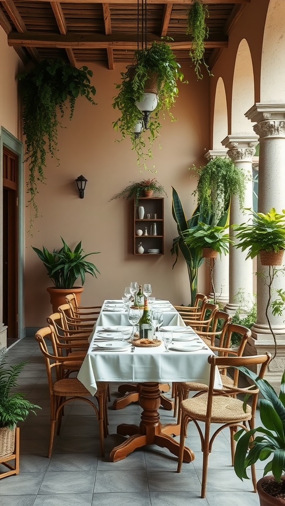 Luxurious Italian dining room featuring a long table with greenery and elegant decorations