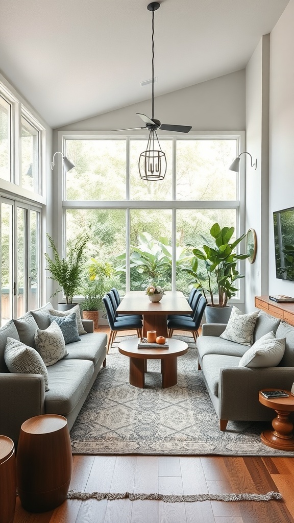 A well-lit living room-dining room combo featuring large windows, plants, and cozy furniture.