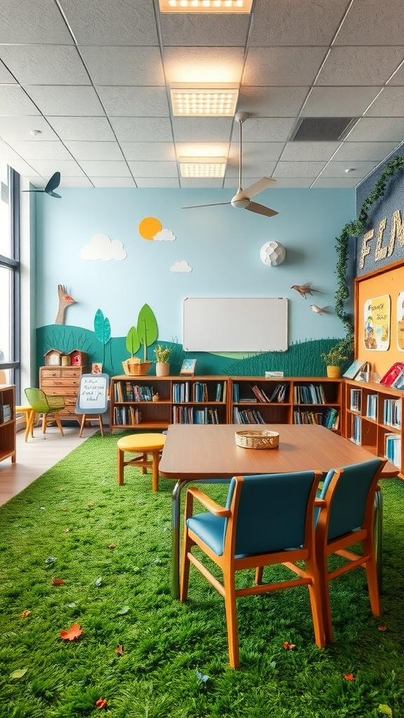 A bright and colorful reading corner with blue walls, green grass-like carpet, and book shelves filled with books.