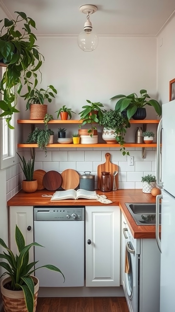 A cozy tiny kitchen featuring plants on shelves, wooden countertops, and modern appliances.