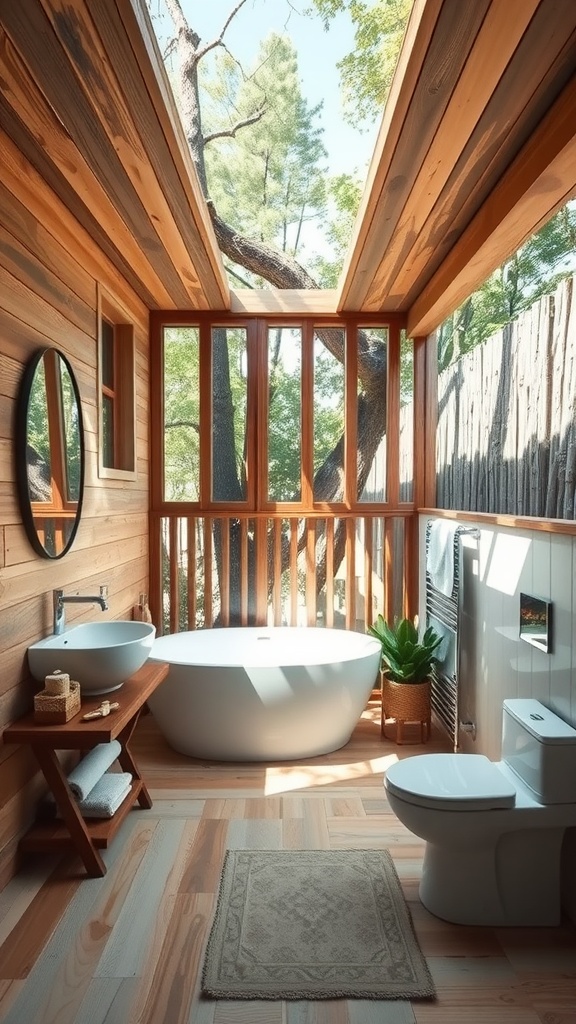 Stylish bathroom with large windows, wooden walls, and a freestanding bathtub surrounded by nature.