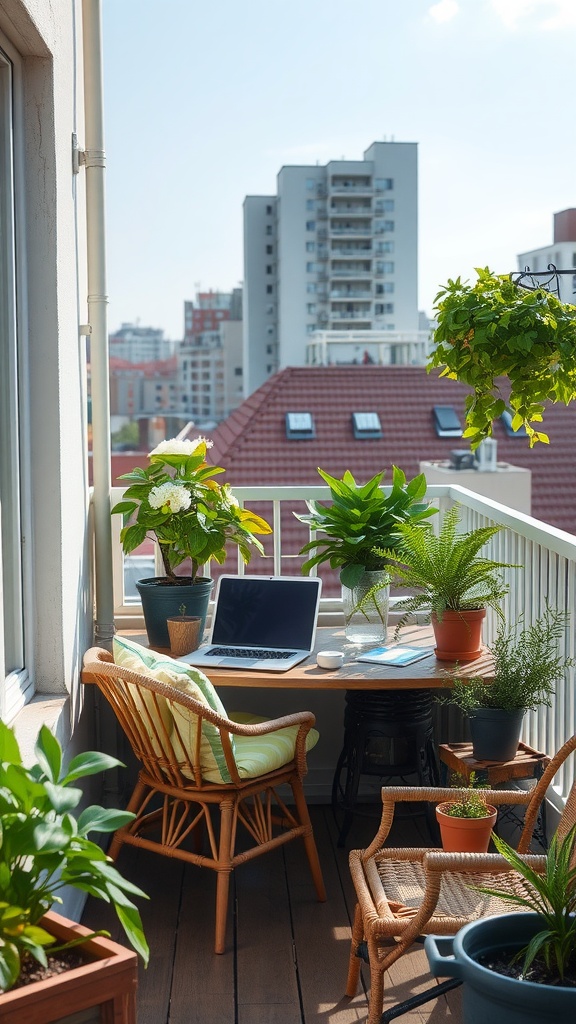 A balcony workspace with a wooden desk, laptop, and various plants, overlooking a city skyline.