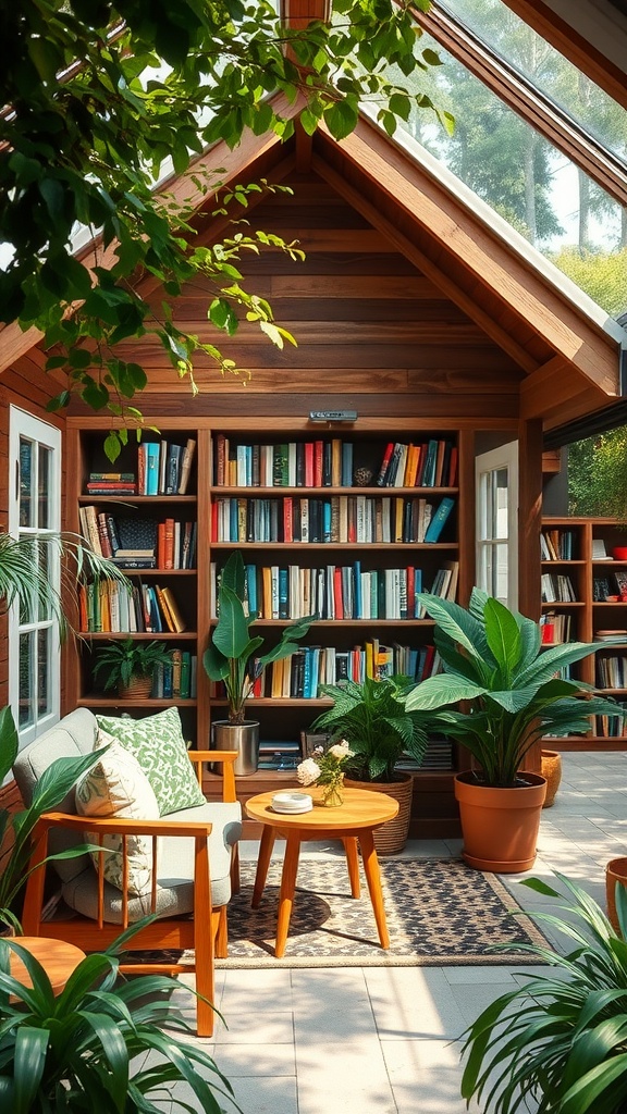 Cozy outdoor book nook featuring wooden shelves filled with books, comfortable seating, and plants.