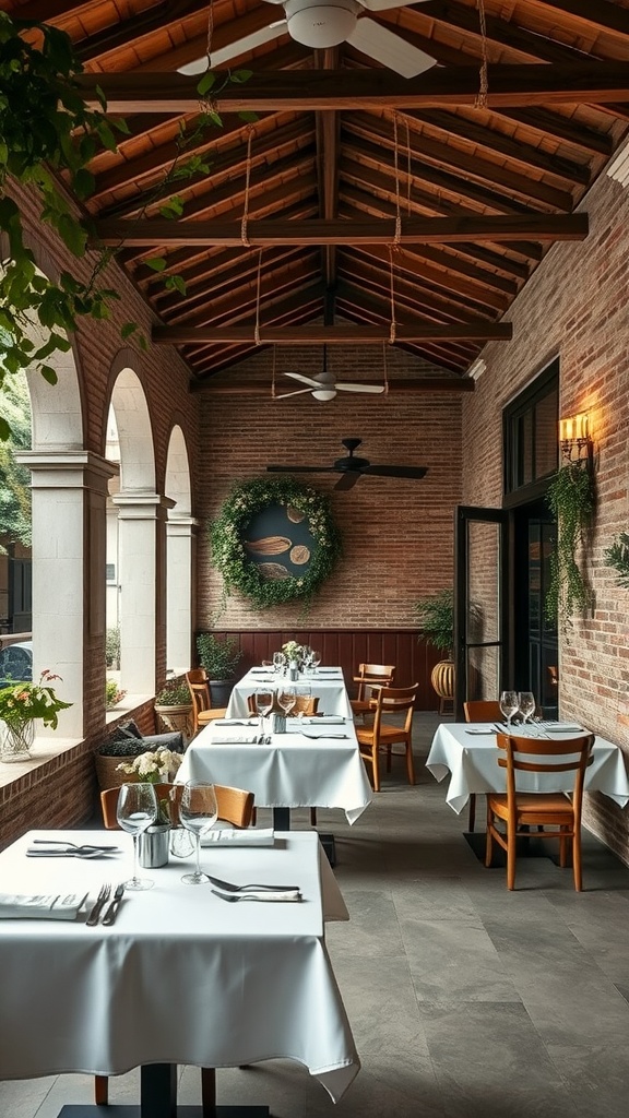 Luxurious Italian dining room with outdoor extensions, featuring elegant tables, arched windows, and a rustic wooden ceiling.