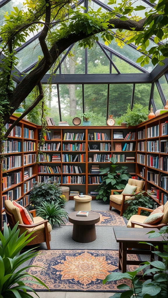 A cozy outdoor garden library featuring bookshelves, plants, and comfortable seating under a glass ceiling.