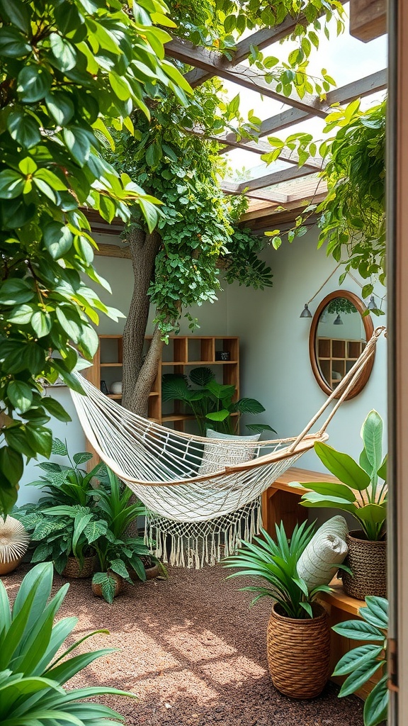 Cozy outdoor nook with a hammock surrounded by lush plants and natural light