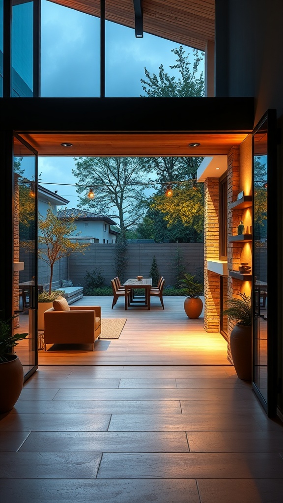 A beautifully designed open living room and kitchen area with outdoor lighting, featuring large glass doors, warm lamps, and a cozy atmosphere.