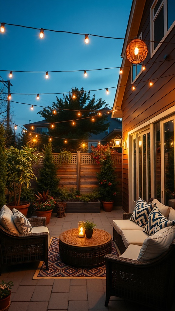 A cozy outdoor living room with string lights and comfortable seating in the evening.