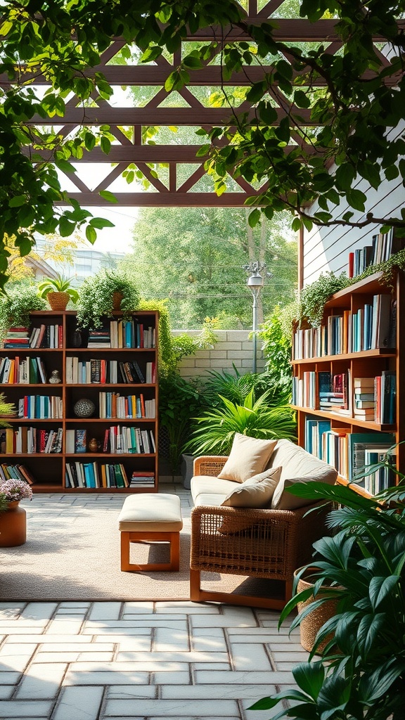 A cozy outdoor reading nook with bookshelves, plants, and comfortable seating.