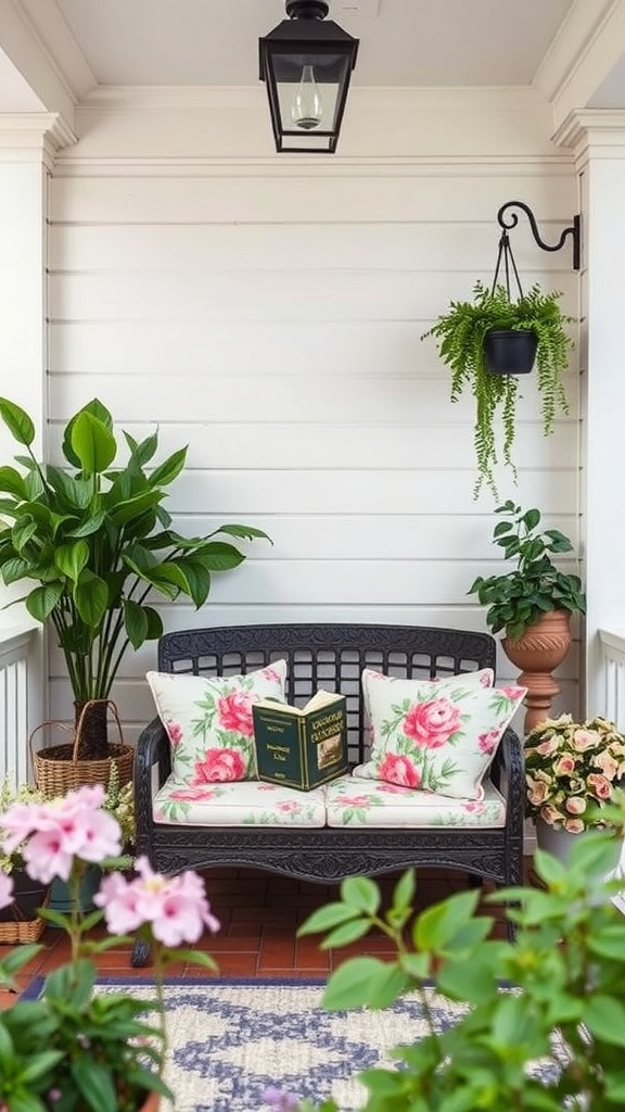 Outdoor veranda reading nook with a black bench, floral cushions, and surrounding plants