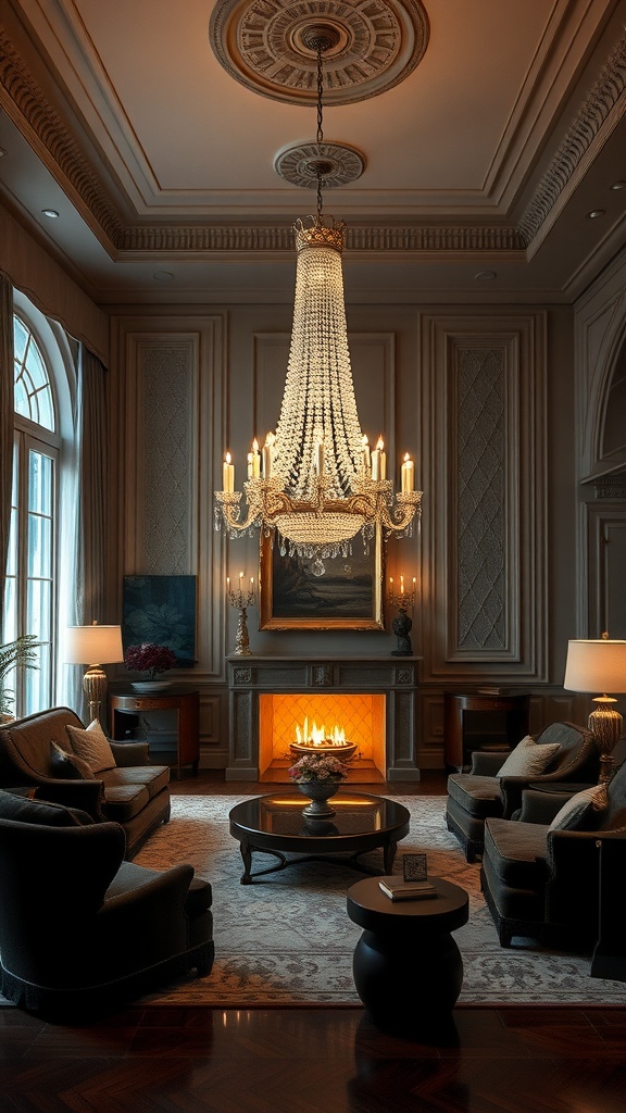 A luxurious living room featuring a stunning chandelier with crystals, warm candle-like lights, and elegant furniture.