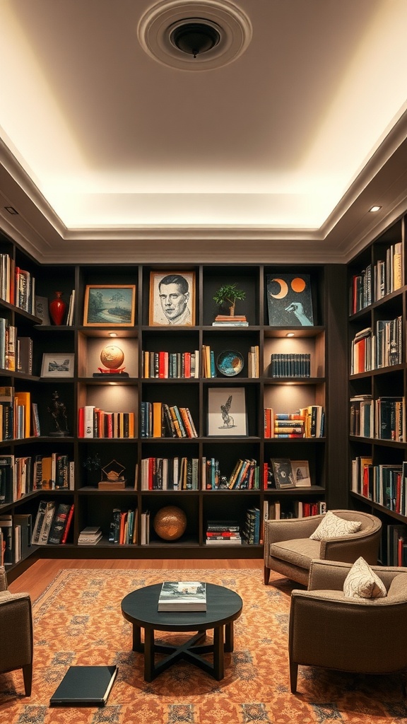 A cozy home library featuring overhead lighting and accent shelves filled with books and decorative items.