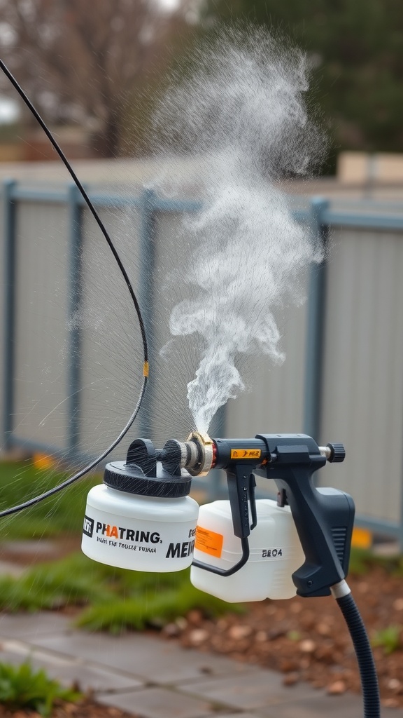 A paint sprayer releasing a fine mist of paint in an outdoor setting