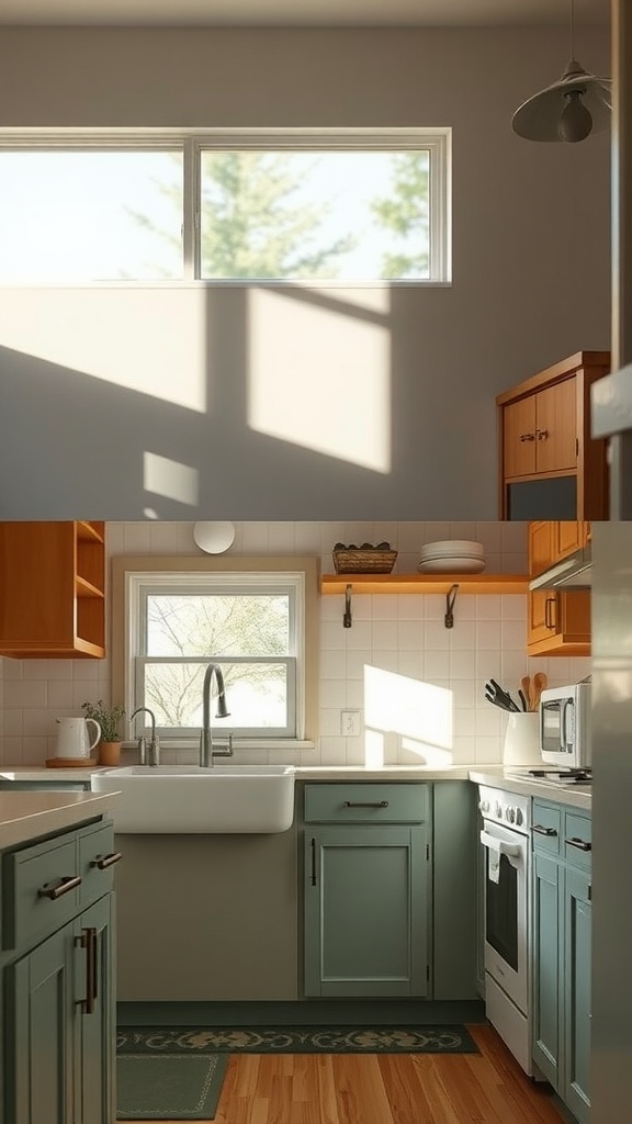 Bright kitchen with natural light streaming through a window over painted cabinets