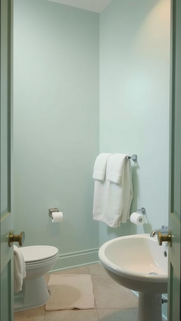 A small bathroom painted in pale aqua with white towels and fixtures.