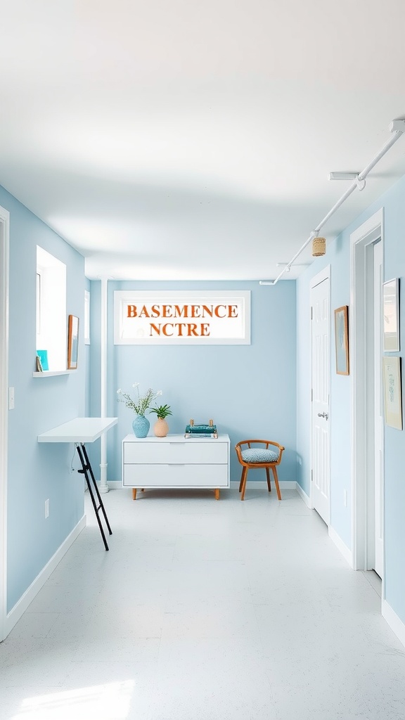 A bright and inviting basement with pale blue walls, white ceiling, and minimalistic decor.