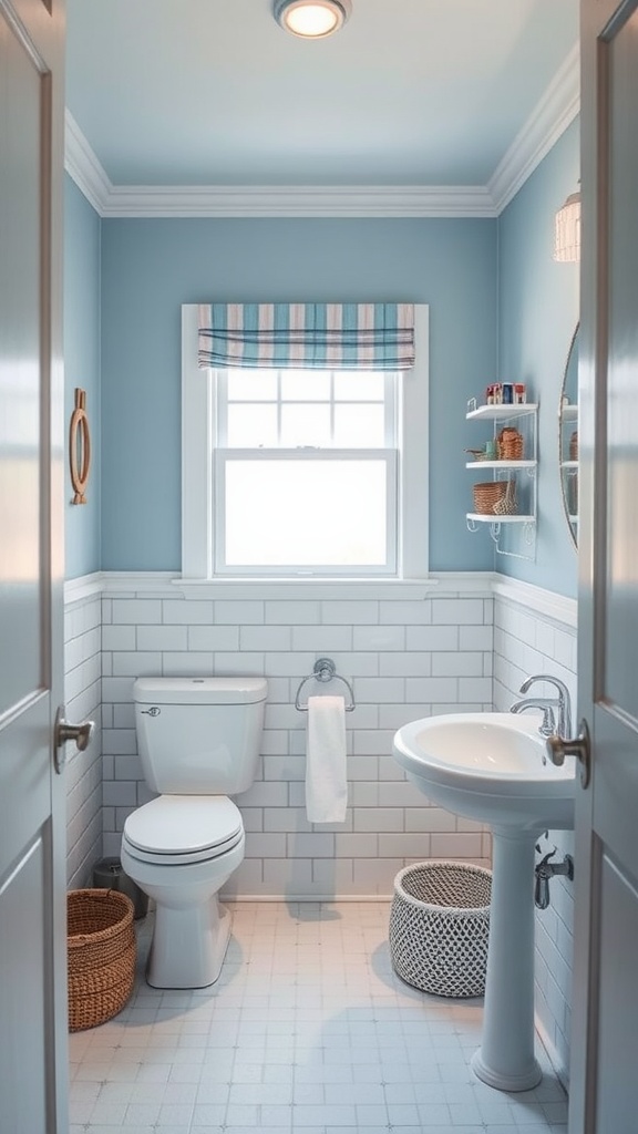 Small bathroom painted in pale blue with white fixtures and woven baskets