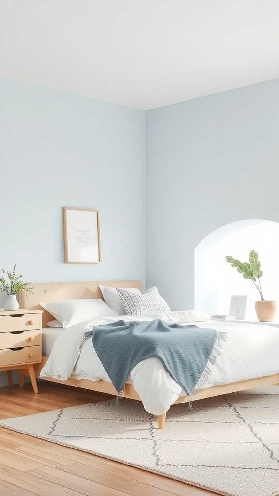 A cozy bedroom featuring pale blue walls, a light wood bed, and soft textiles