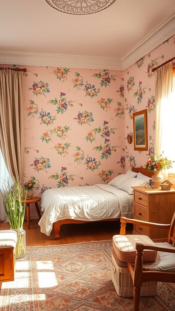 A cozy bedroom featuring pale blush walls with floral patterns, natural wood furniture, and warm sunlight.