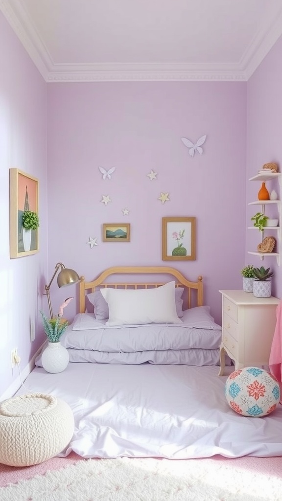 A cozy small room painted in pale lavender, featuring a bed, decorative wall art, and stylish furniture.