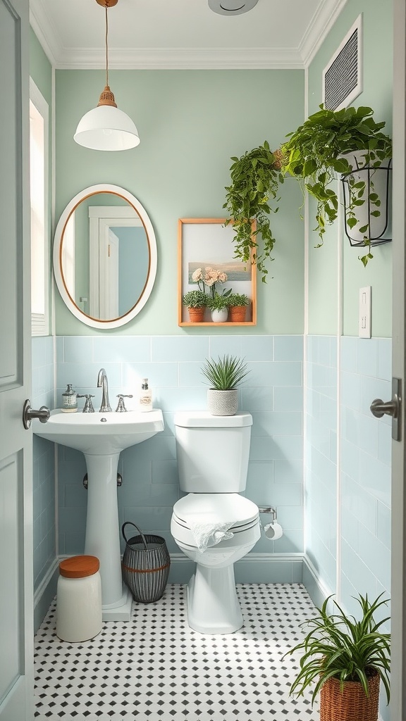 A small bathroom featuring pale mint walls with white fixtures, plants, and decorative elements.