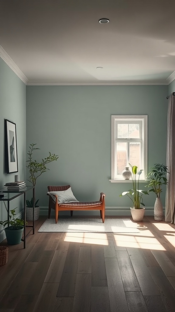 A serene room painted in pale sage with natural light, wooden floors, and houseplants.