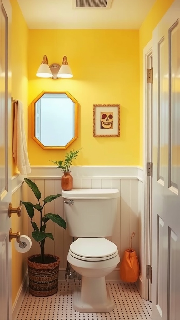 A small bathroom with pale yellow walls, white wainscoting, and decorative accents.