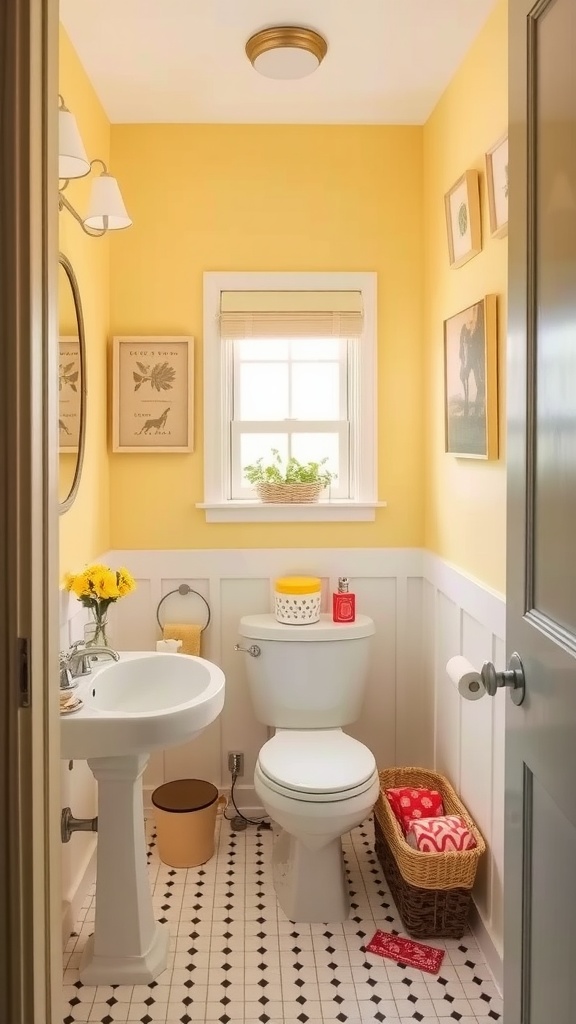 Small bathroom with pale yellow walls, white fixtures, and cheerful decor.