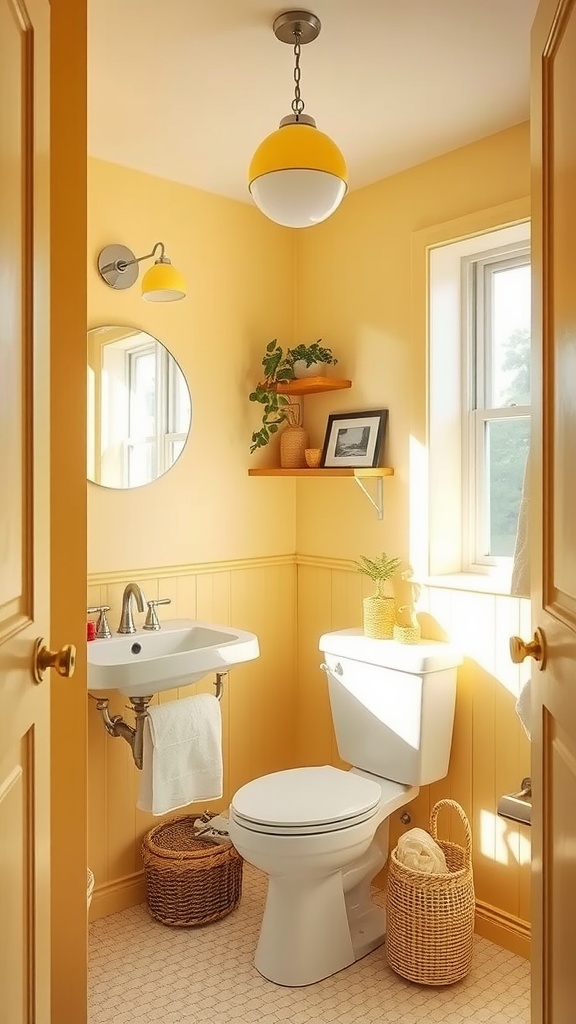 A small bathroom painted in pale yellow with a round mirror, yellow light fixtures, and natural decor elements.