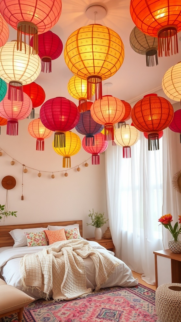 A boho bedroom featuring colorful paper lanterns hanging from the ceiling.