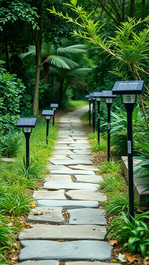 A stone pathway illuminated by solar-powered pathway lights surrounded by lush greenery.