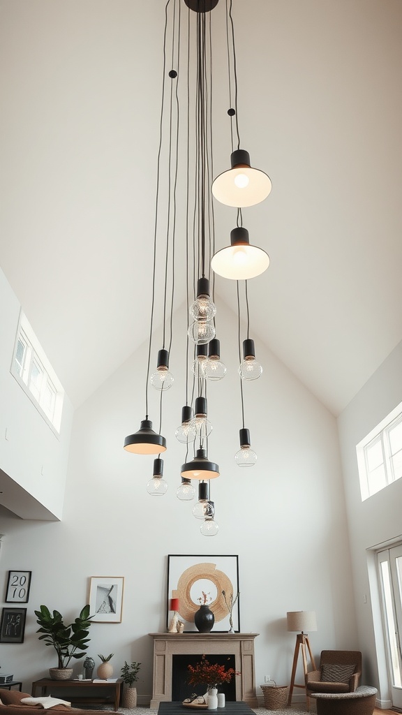 A stylish arrangement of pendant lights hanging from a vaulted ceiling in a modern living space.