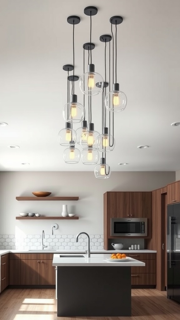 Stylish pendant lights hanging over a kitchen island