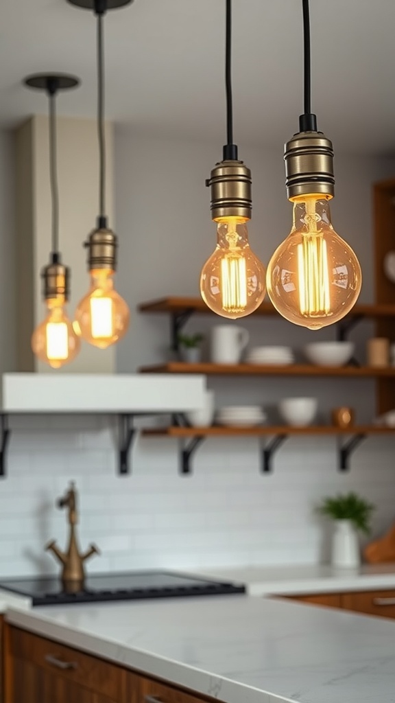 Kitchen featuring pendant lights with Edison bulbs hanging above a countertop.