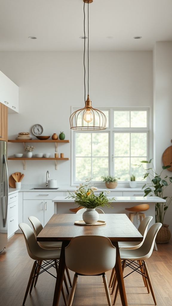 A modern kitchen with a short-hanging pendant light above a wooden dining table surrounded by chairs.