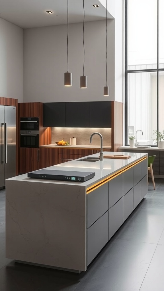Modern kitchen peninsula with smart technology and stylish design