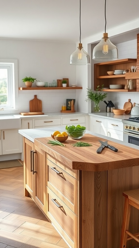 Kitchen peninsula with a natural wood cutting board and fresh ingredients.
