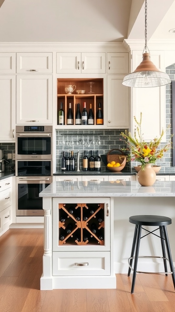 Kitchen peninsula featuring a built-in wine rack, with wine bottles and decorative elements.