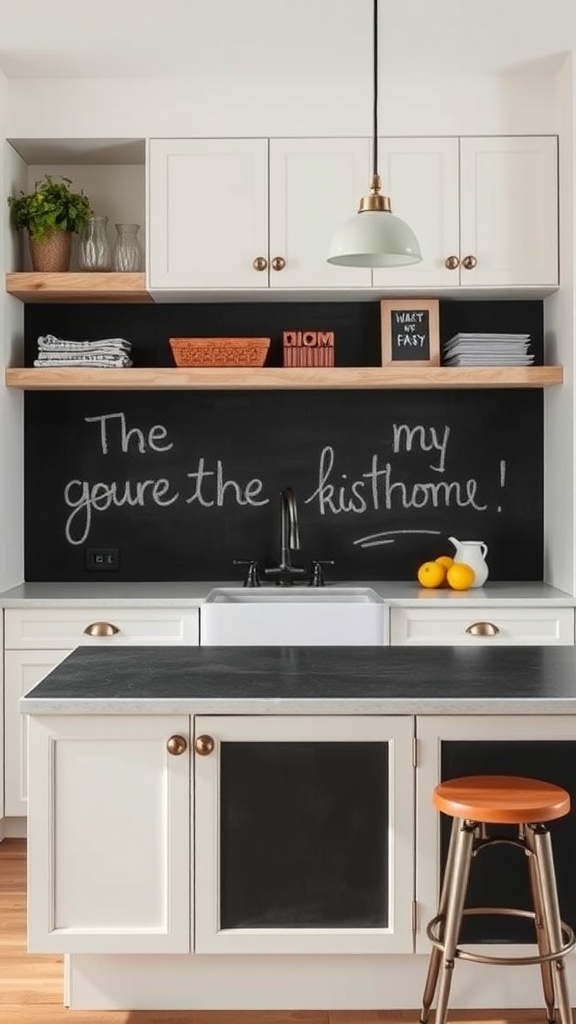 A kitchen peninsula with a chalkboard wall, white cabinets, and wooden accents.
