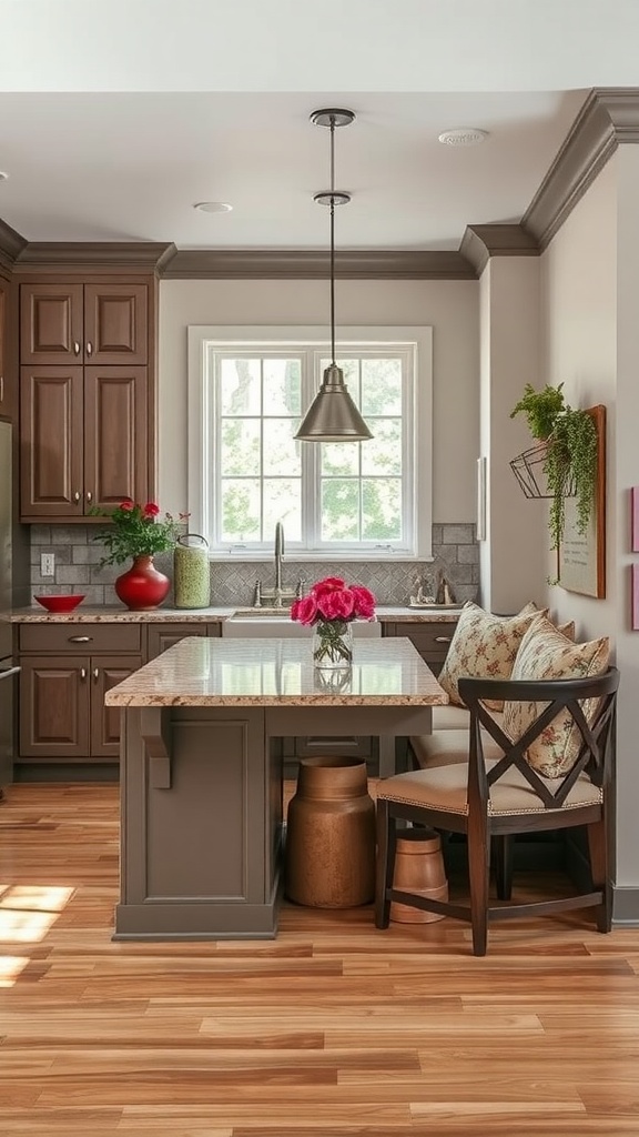 Cozy kitchen peninsula with breakfast nook, featuring wood cabinetry and floral accents.