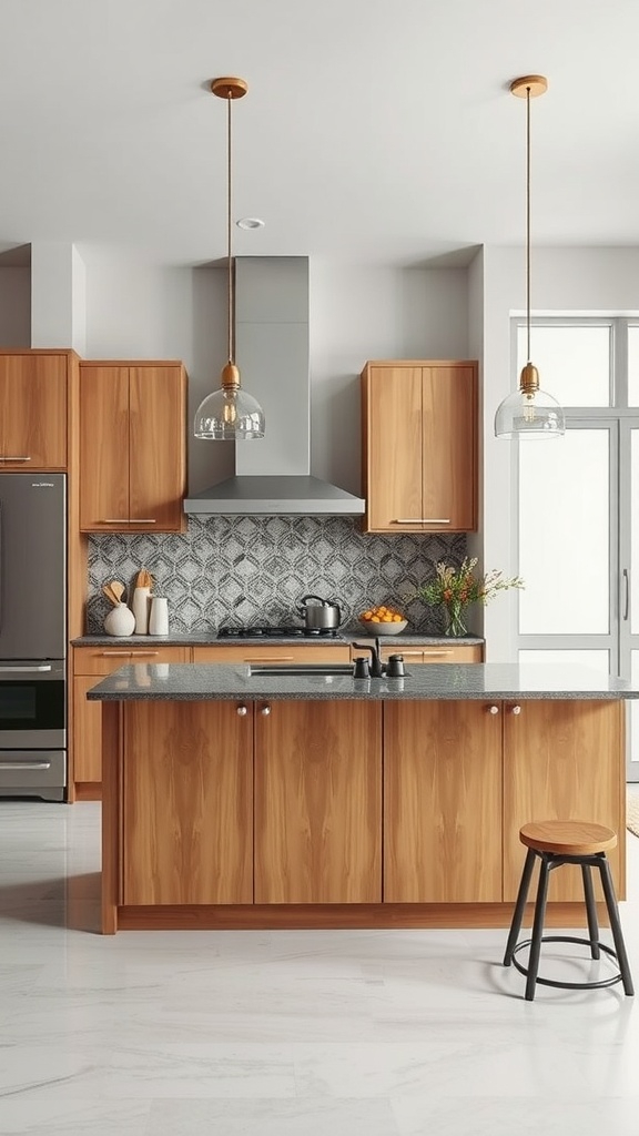 Kitchen peninsula featuring wooden cabinetry and a decorative backsplash with pendant lights