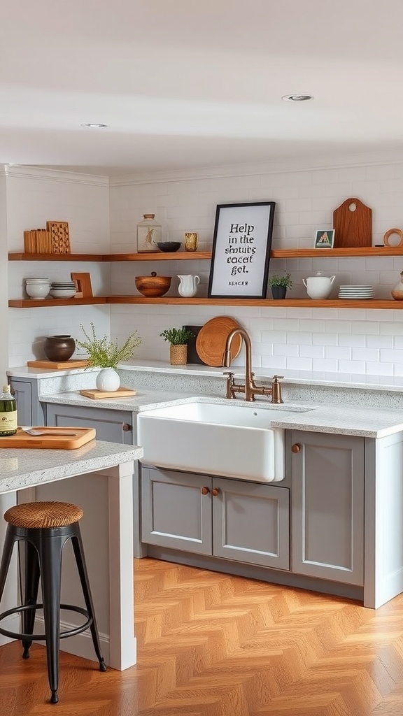 A kitchen peninsula featuring a farm sink with gray cabinetry and wooden open shelves.