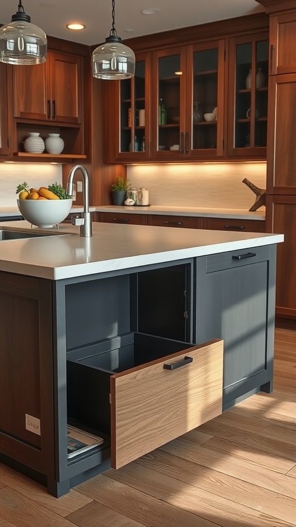 A modern kitchen peninsula featuring a hidden trash compartment with an open drawer.