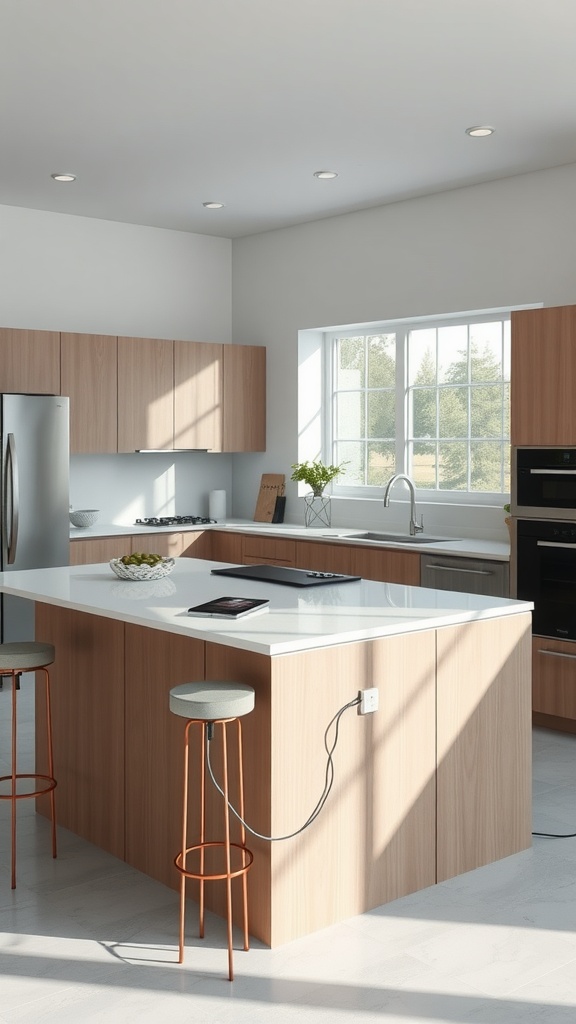 Modern kitchen peninsula featuring pop-up outlets and stylish bar stools