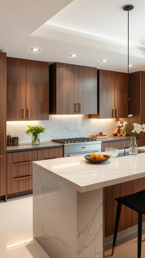 Luxurious kitchen peninsula with wooden cabinets and marble countertop