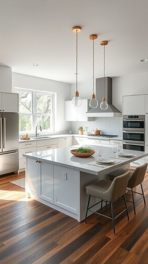 A modern kitchen featuring a uniquely shaped peninsula with three pendant lights overhead and stylish seating.