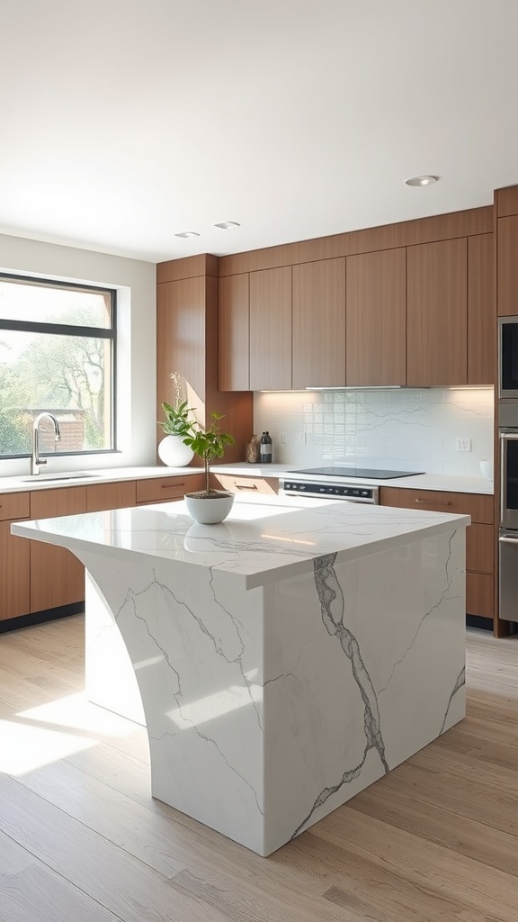 A modern kitchen with a sleek peninsula featuring a waterfall edge, light wood cabinetry, and ample natural light.