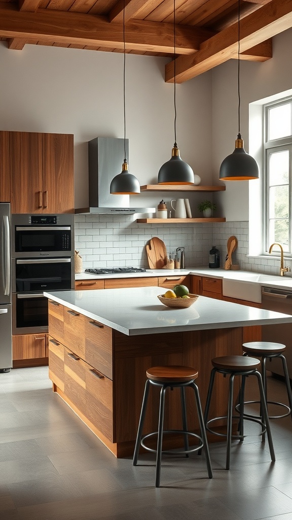 Modern kitchen with a wooden peninsula, adjustable height features, and stylish bar stools.