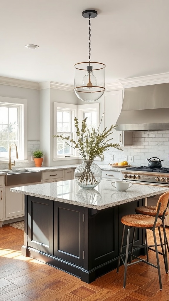 Stylish kitchen peninsula with granite countertop, navy cabinetry, artistic centerpiece, and pendant lighting